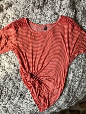 Vanity Coral Striped Lace-Shoulder Tunic